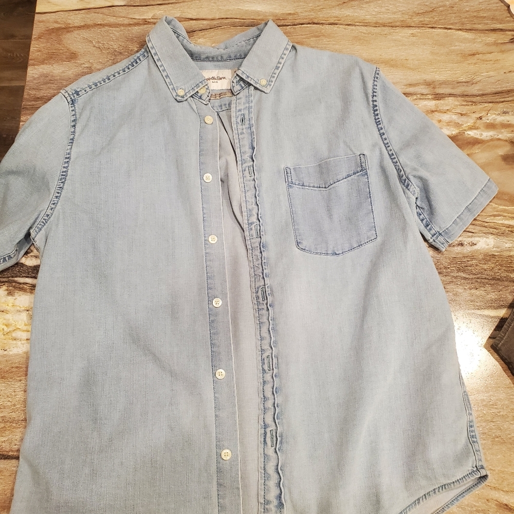 2 mens Goodfellow button up shirts one is blue jean and other is black jean
